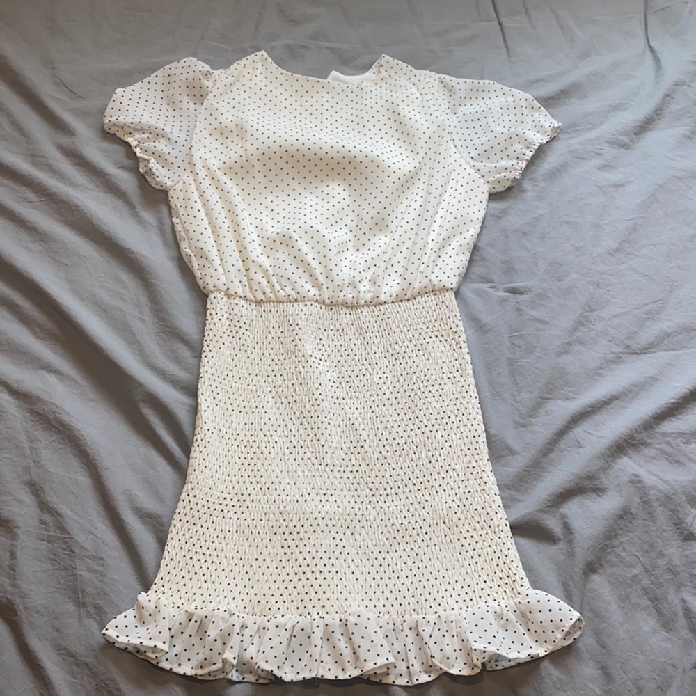White polka dot smocked bottom dress